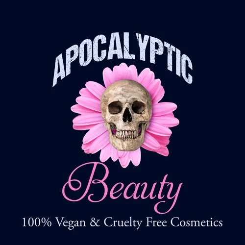 Skull with pink flower and the words 'Apocalyptic Beauty,' advertising vegan and cruelty-free cosmetics.