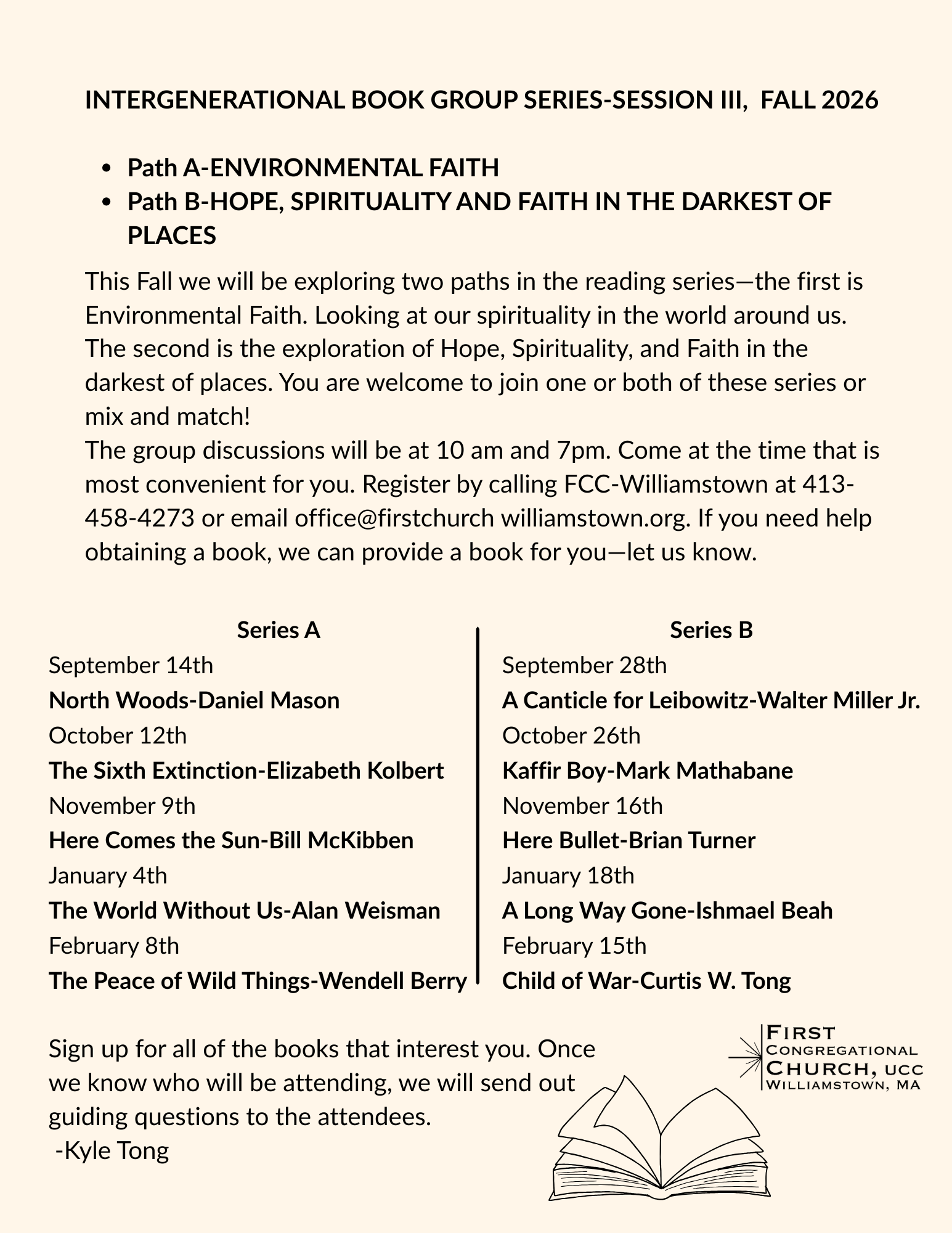 Intergenerational Book Group Series-Session III, FALL 2026 Path A-ENVIRONMENTAL FAITH Path B-HOPE, SPIRITUALITY AND FAITH IN THE DARKEST OF PLACES This Fall we will be exploring two paths in the r.png