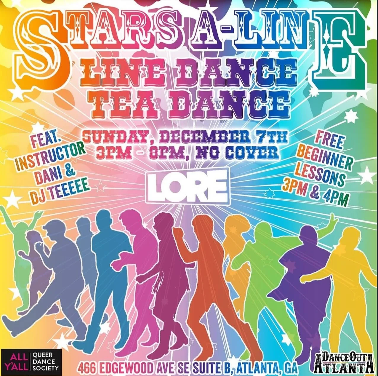 Free line dancing today at LORE with @danceoutatl 
-Beginner Lessons at 3 and 4pm 
🤠🪩🏳️&zwj;🌈