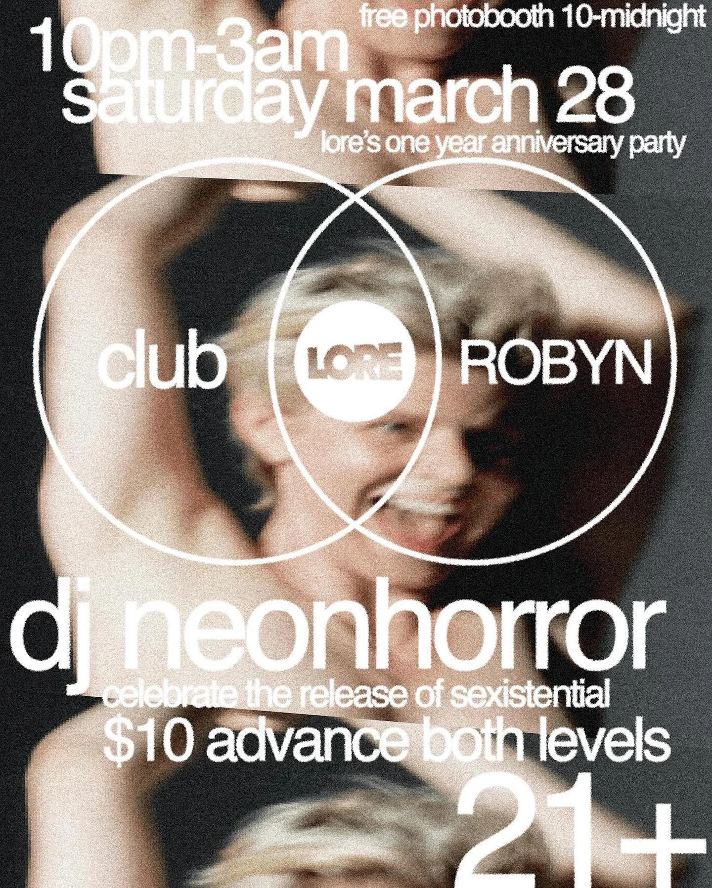 Don&rsquo;t miss this Robyn dance party celebration of LORE&rsquo;s first year in business!

Club ROBYN
Saturday March 28
10pm-3am

Celebrate the release of Sexistential +
LORE&rsquo;s One Year Anniversary!

Robyn greatest hits + remixes all night fr
