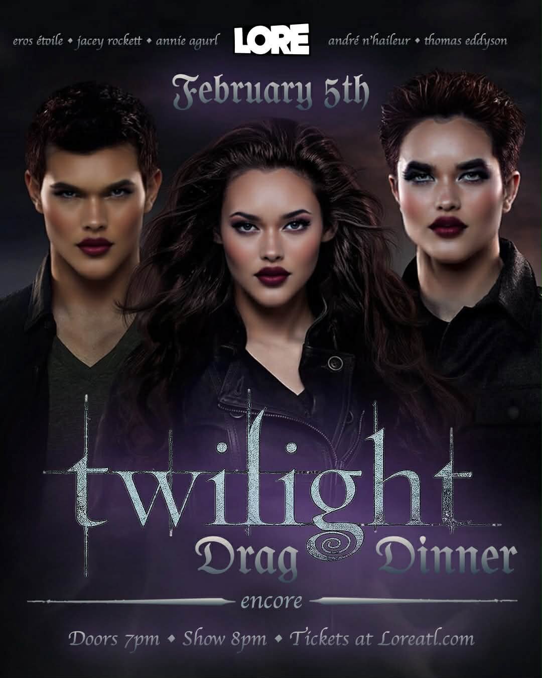 Where the h3ll have you been, loca? New Twilight Drag Dinner date just added! ✨ Choose between Tue Feb 3 (t!x 95% gone!) or Thu Feb 5!