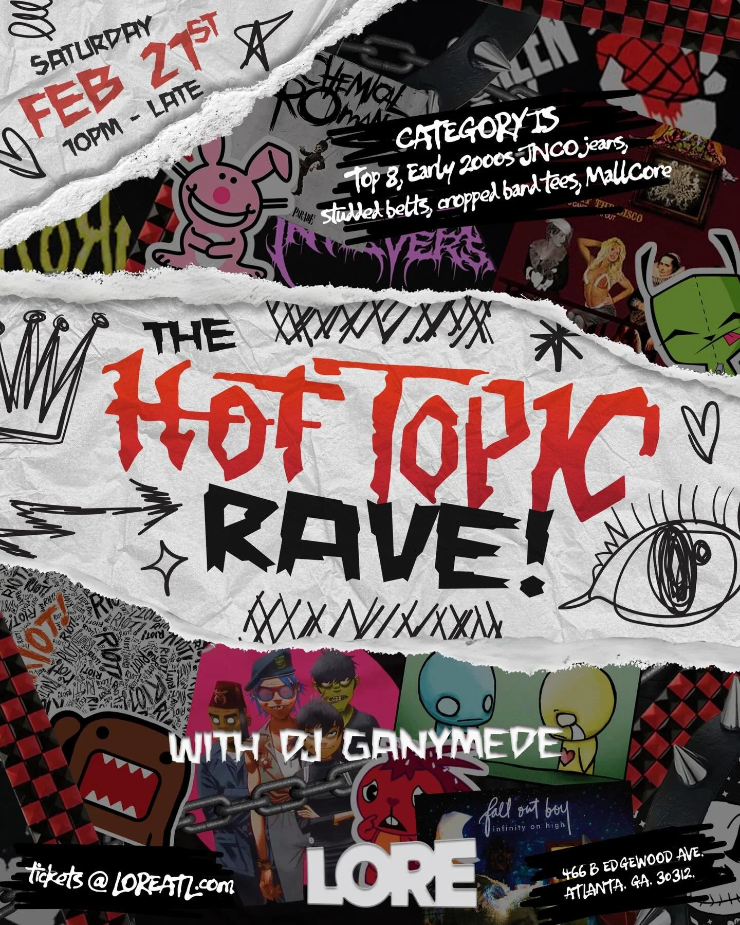 Welcome to The Hot Topic Rave!
⋆༺𓆩☠︎︎𓆪༻⋆⋆༺𓆩☠︎︎𓆪༻⋆⋆༺𓆩☠︎︎𓆪༻⋆

Category is Top 8, Early 2000s MallCore, JNCO jeans, studded belts, cropped band tees, and eyeliner stained cheeks.

Expect music from your favorite 2000&rsquo;s Emo/Pop Punk/Faux Goth