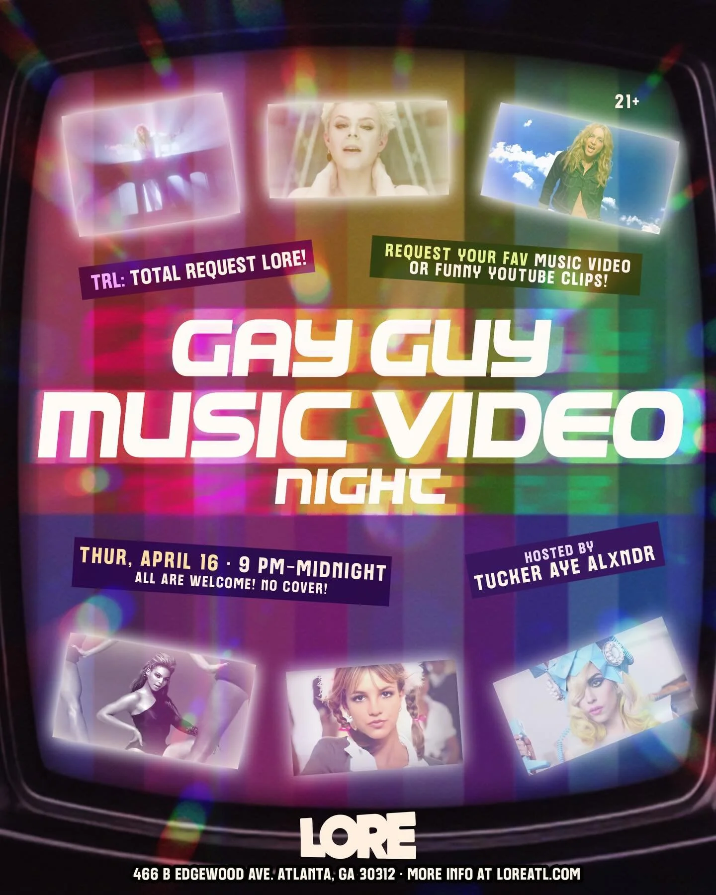 Hi Gay! 📺 Get off that couch and join us at LORE for the first official Gay Guy Music Video Night!

Request your favorite music videos, funny clips, and unforgettable performance videos. 

You will have the chance to explain or talk about your picks