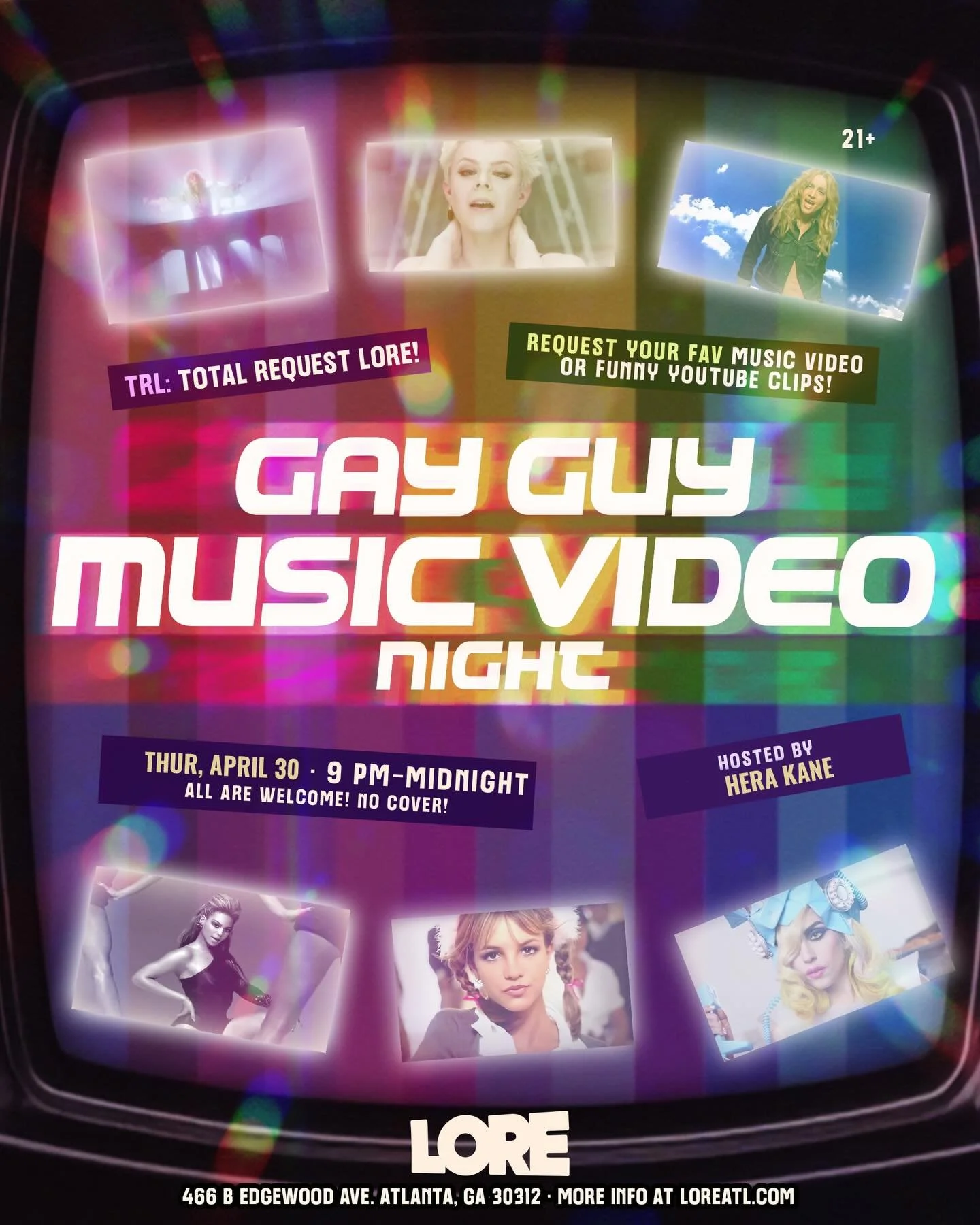 Hi Gay! Get off the couch &amp; join us at LORE for Gay Guy Music Video Night!

Request your favorite music videos, funny clips, and unforgettable performance videos. 
You will have the chance to explain or talk about your picks on the microphone if 