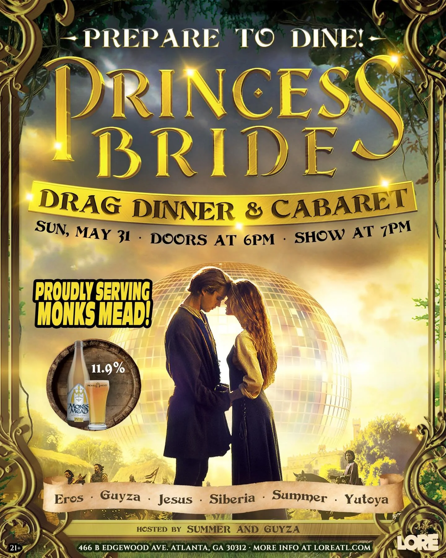 Sunday! LORE is proudly serving @monksmead during the Princess Bride Drag Dinner 🍻 

Monks Mead is a dry mead with a hint of honey flavor, gently carbonated and crisp. It&rsquo;s dangerously easy to imbibe despite being 11.9% abv. Monks Mead is made