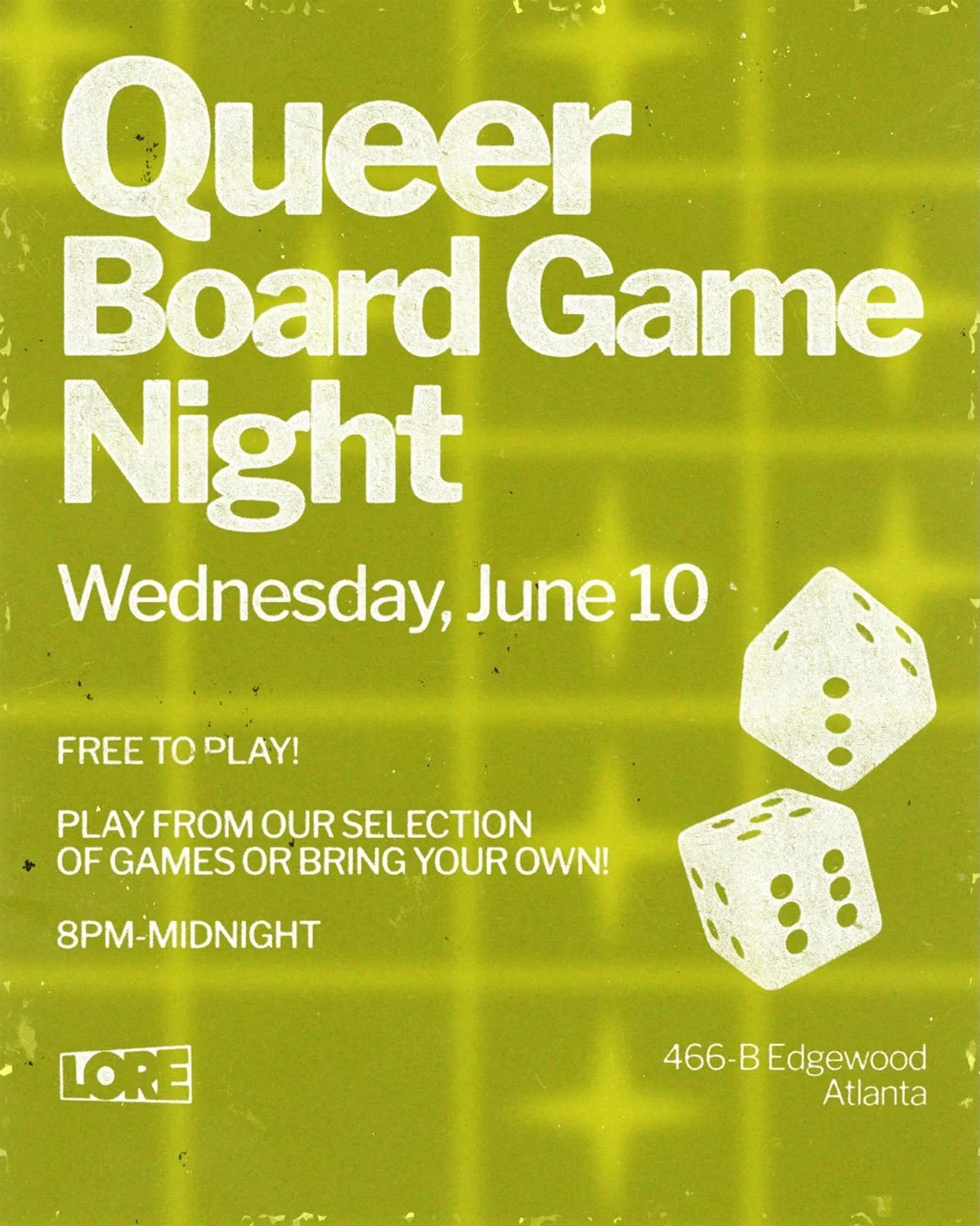 Join us tonight for Queer Board Game Night! 🎲 Bring your own game or play one of ours. Kitchen is open!