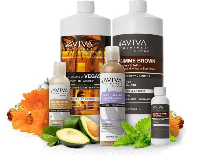 Aviva, taning products lotions, sprays, and exfoliant