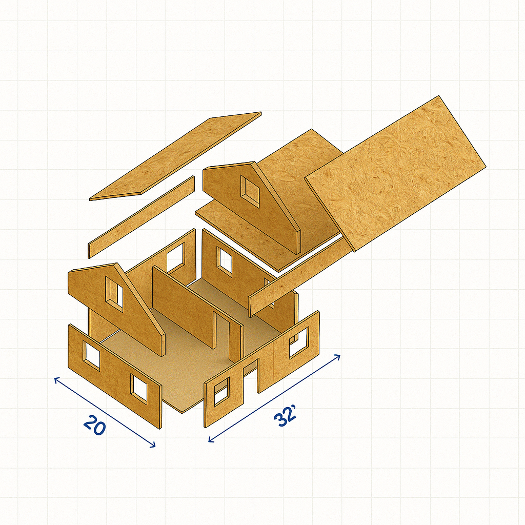 A 3D drawing of a small wooden house model with dimensions 20 by 32 feet, showing an exploded view of the walls, roof, and interior partitions.