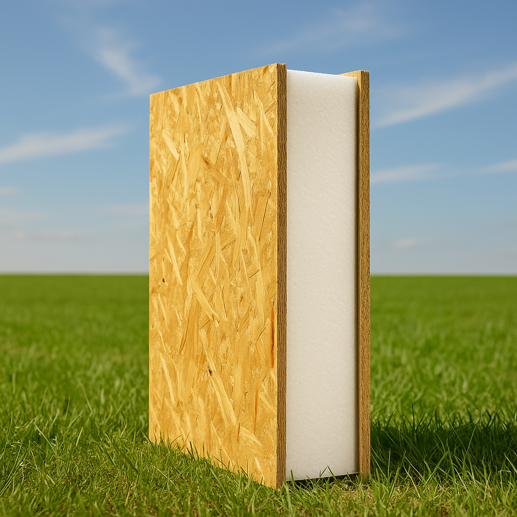 Close-up of a rectangular air filter with a wooden frame, standing outdoors on grass with a cloudy sky in the background.