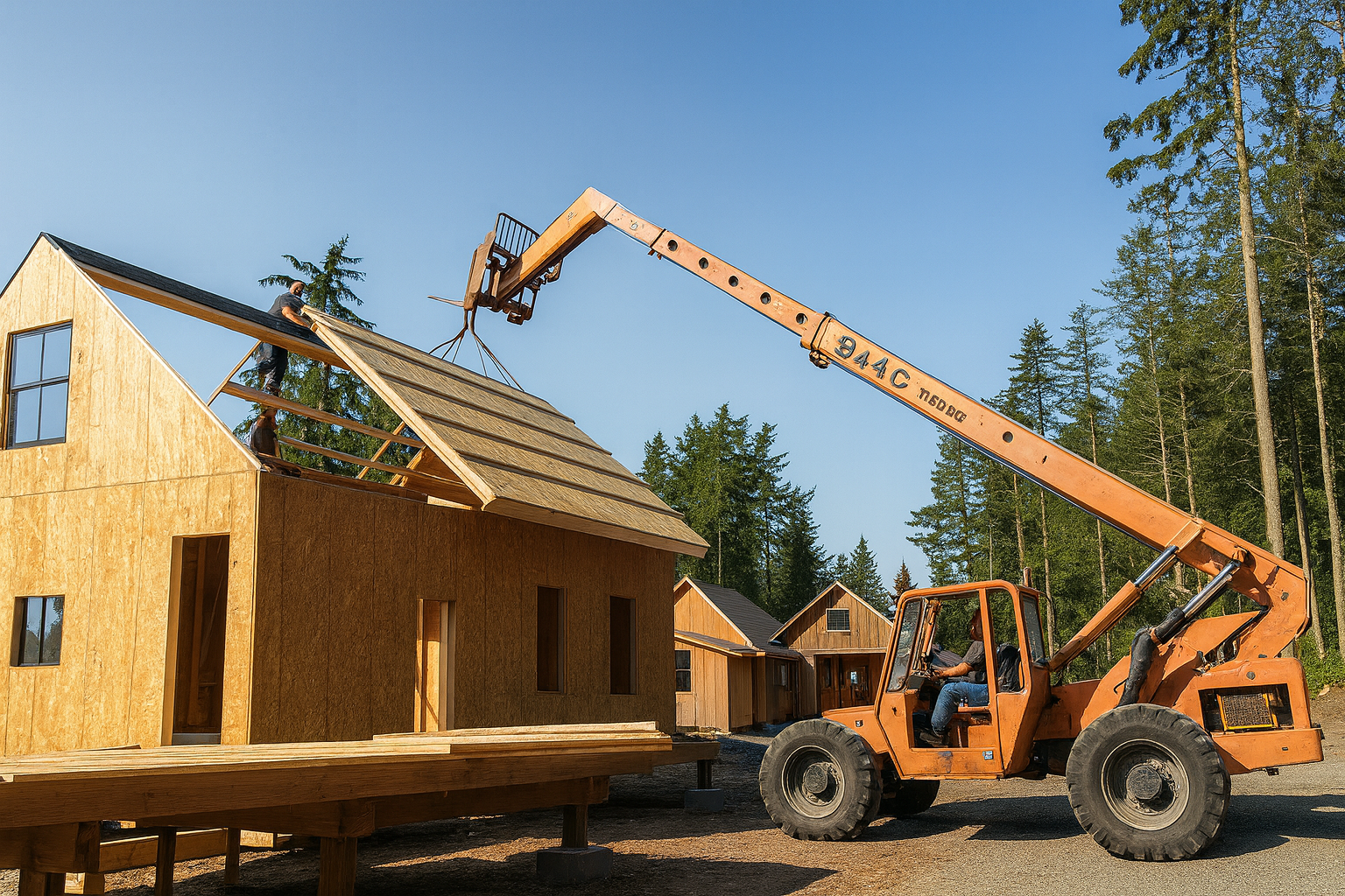 Construction workers using a crane to lift roof panels onto a partially built wooden house in a forested area.