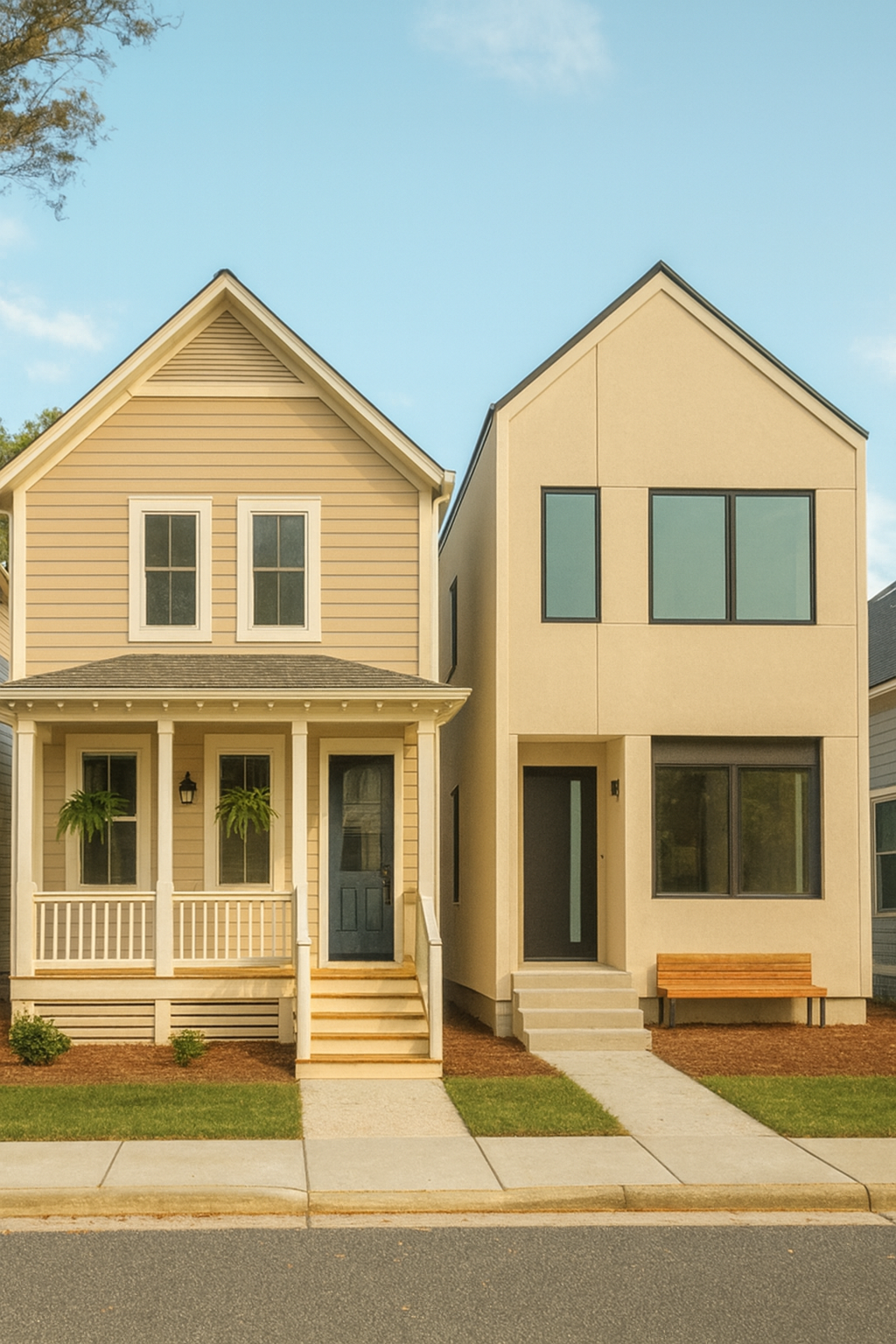 Side-by-side view of two modern houses with different architectural styles, one with beige siding and porch, the other with a flat facade and large windows, under a blue sky.