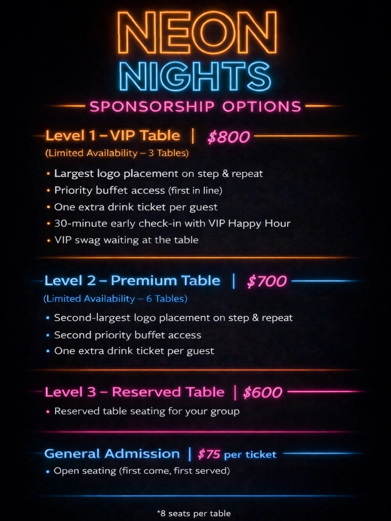 Neon Nights &ndash; Let&rsquo;s GLOW! 💫

Tables and individual tickets go on sale 1/20
🔗 Link will be in our bio, on Instagram, and on Facebook!

Grab your glow gang because table sales are the way to GLOW ✨
Check out the pricing chart above&mdash;