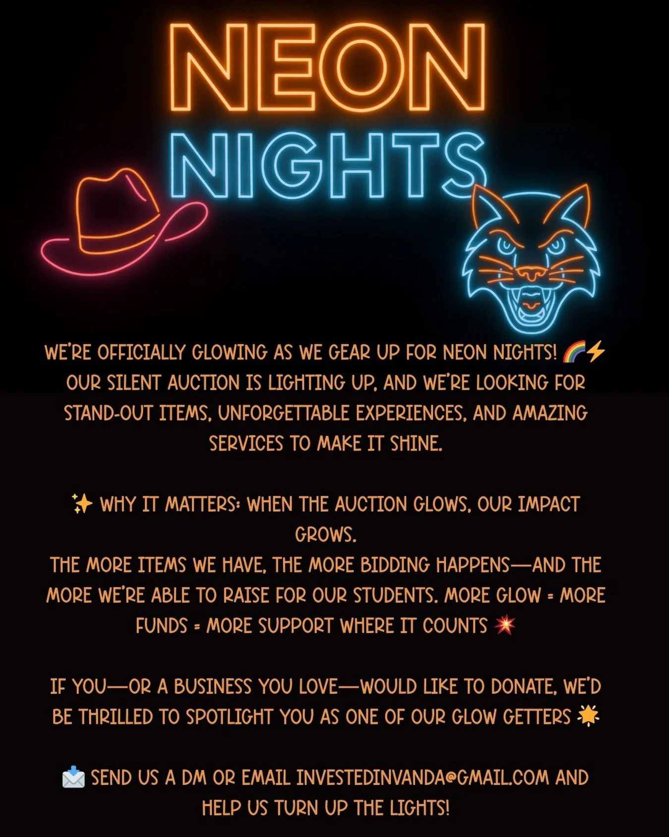 ✨ Big items. Small items. ALL the items! ✨

Neon Nights already has an incredible lineup of raffle items, but the more we can raffle, the more our school&mdash;and most importantly, our kids &amp; teachers&mdash;benefit 🧡

Please share this with:
💡