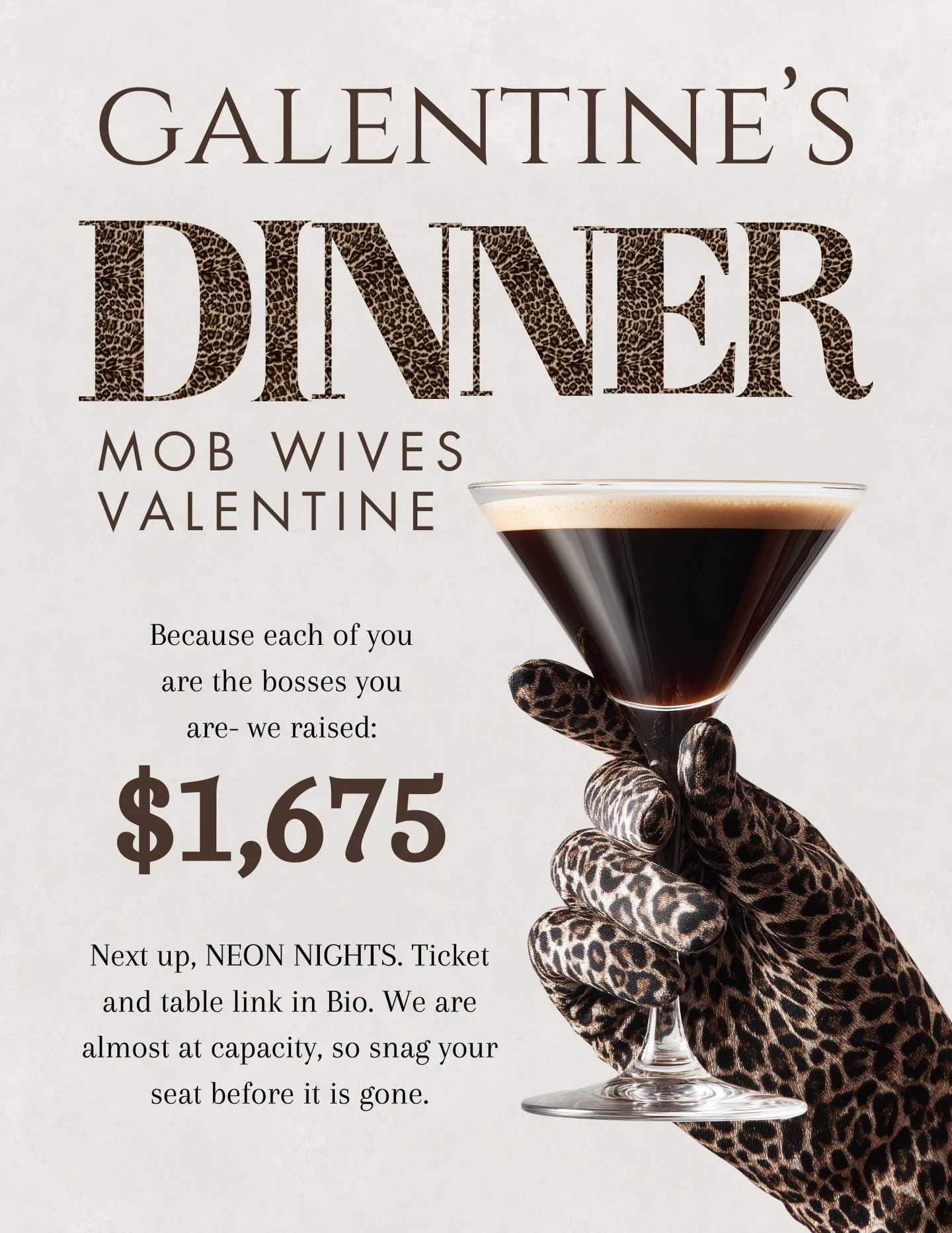 Mob Wives Valentine&rsquo;s was a HIT&hellip; and no, not that kind 🤣
Because each of you is a real-life boss babe, we raised $1,675 in one night 👏💸

Next up: NEON NIGHTS ✨
We&rsquo;re almost at capacity, so snag your tickets or table before we se