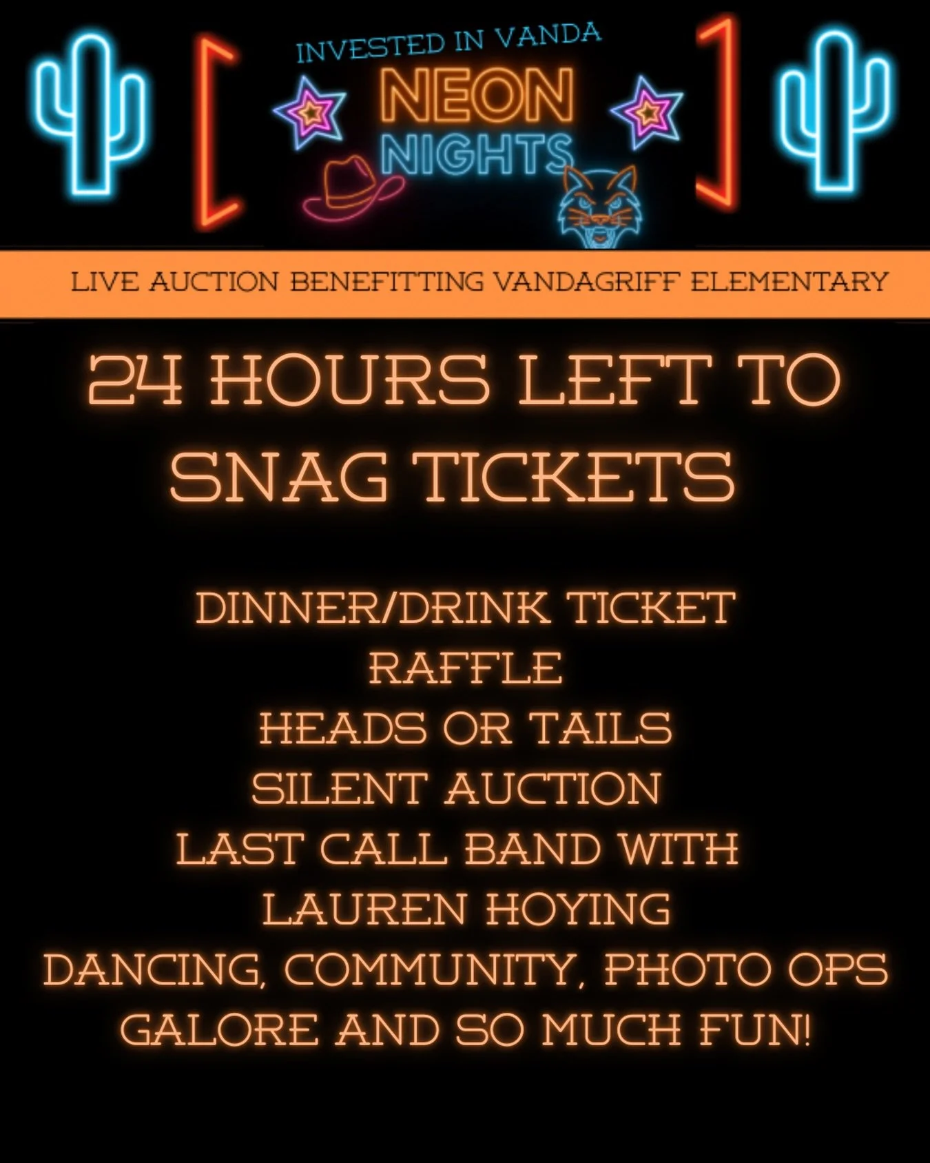 ONE 👏 WEEK 👏 until we light up the night at Neon Nights! ✨🤠

Don't have a ticket yet? You've got 24 hours left to secure your spot. Every single ticket sold directly supports Vandagriff Elementary, funding the extras that make our school shine and