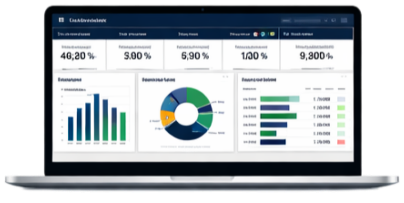 Laptop screen displaying dashboard with charts, graphs, and data visualizations for financial analysis.