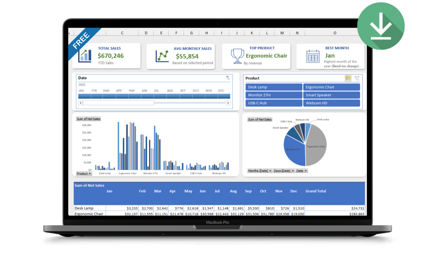 Laptop screen displaying a sales dashboard with charts, tables, and product information, with a blue "FREE" banner in the top left corner and a green download icon on the top right.