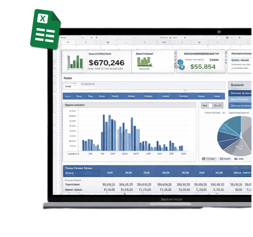Screenshot of a spreadsheet with financial data, bar charts, and dollar amounts, including $670,246 and $55,854, along with an Excel icon in the top left corner.