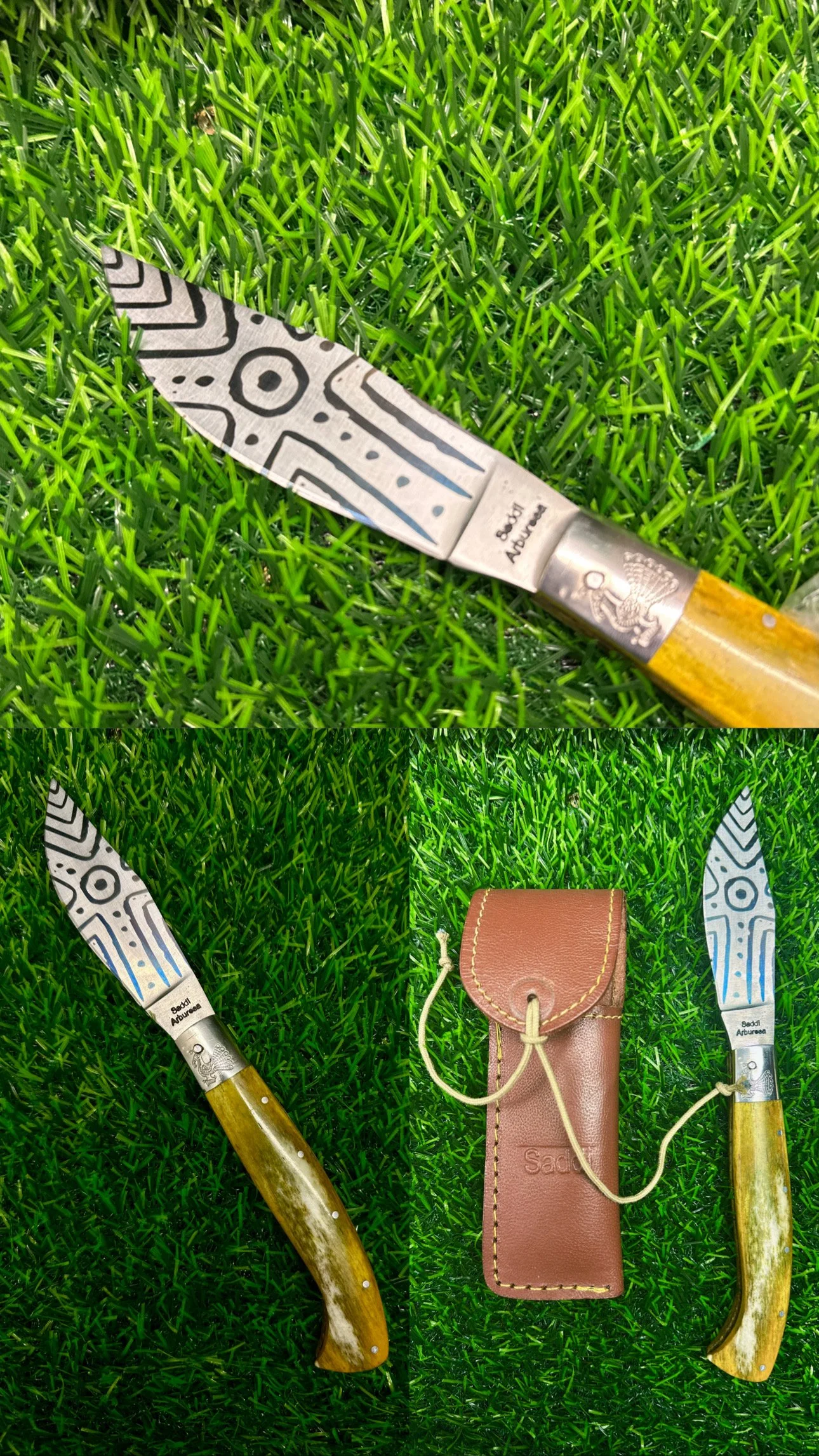 Coltello da cucina con lama decorativa e manico in legno, mostrare il coltello, una custodia in pelle e l'ambiente di erba verde.