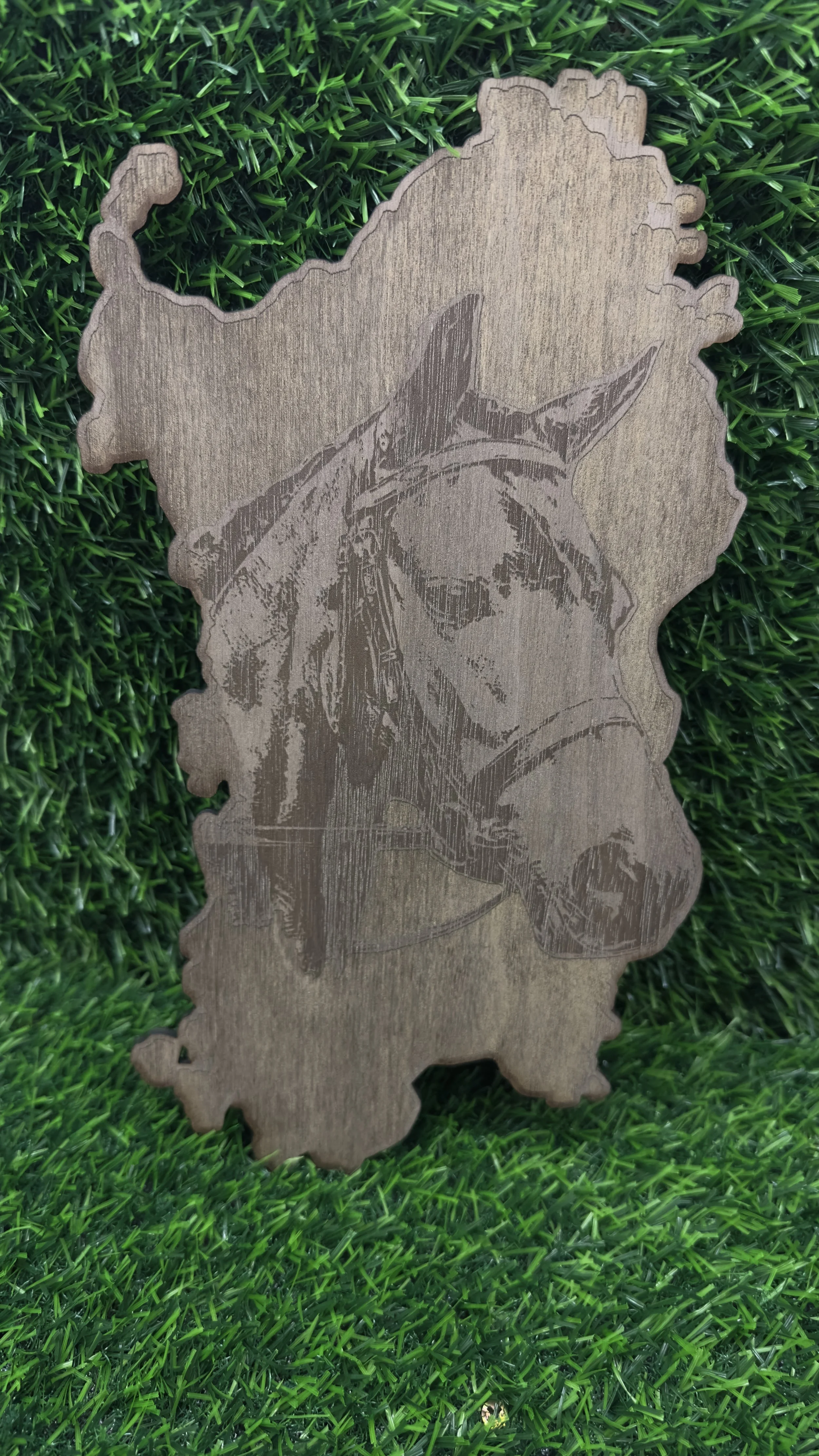 Lastra di legno con inciso un orso polare, posizionata su un prato di erba verde.