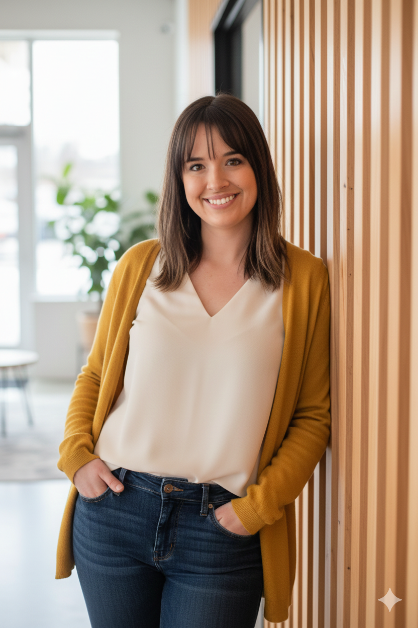 A woman with shoulder-length brown hair wearing a white blouse, yellow cardigan, and blue jeans, smiling while leaning against a wooden wall inside a bright, modern room.