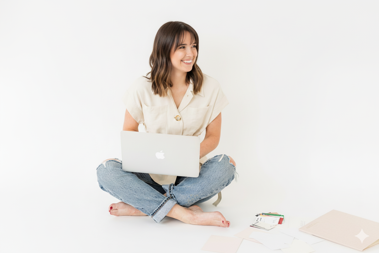 A woman sitting cross-legged on the floor with a MacBook on her lap, smiling and looking to her right, with notebooks and papers scattered on the floor near her.
