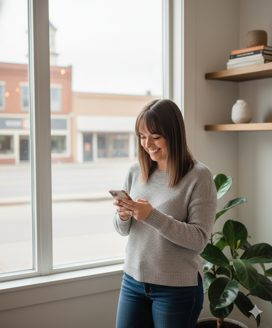 A young woman with straight brown hair, wearing a gray sweater and jeans, is standing near a window inside a room, smiling while looking at her phone.