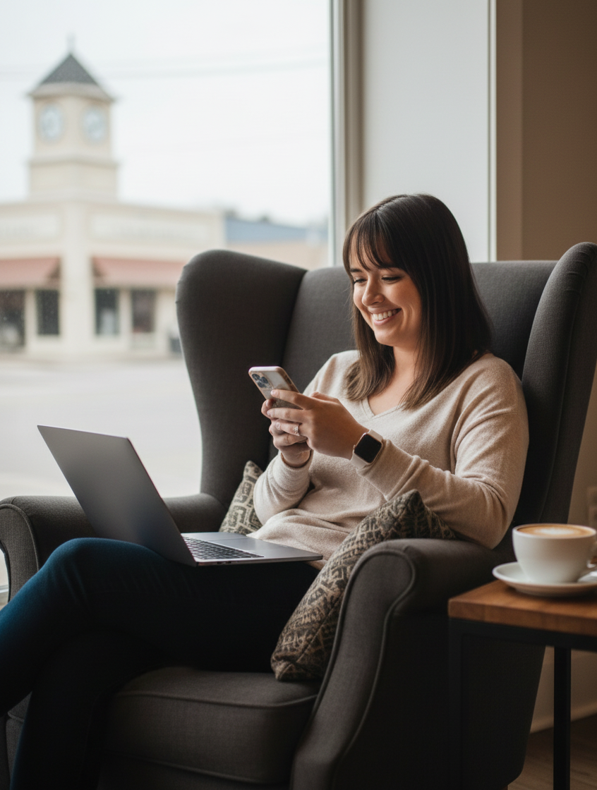 A woman sitting in a high-back armchair near a large window, smiling while looking at her smartphone. She has a laptop on her lap, a smartwatch on her wrist, and a coffee cup on a small table beside her.
