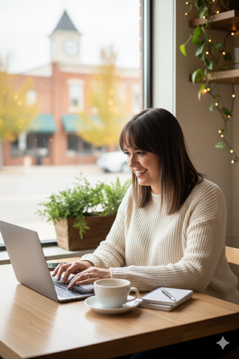 Smiling woman working on a laptop at a wooden table with a coffee cup, notebook, and pen, near a window with a view of a building and trees outside.