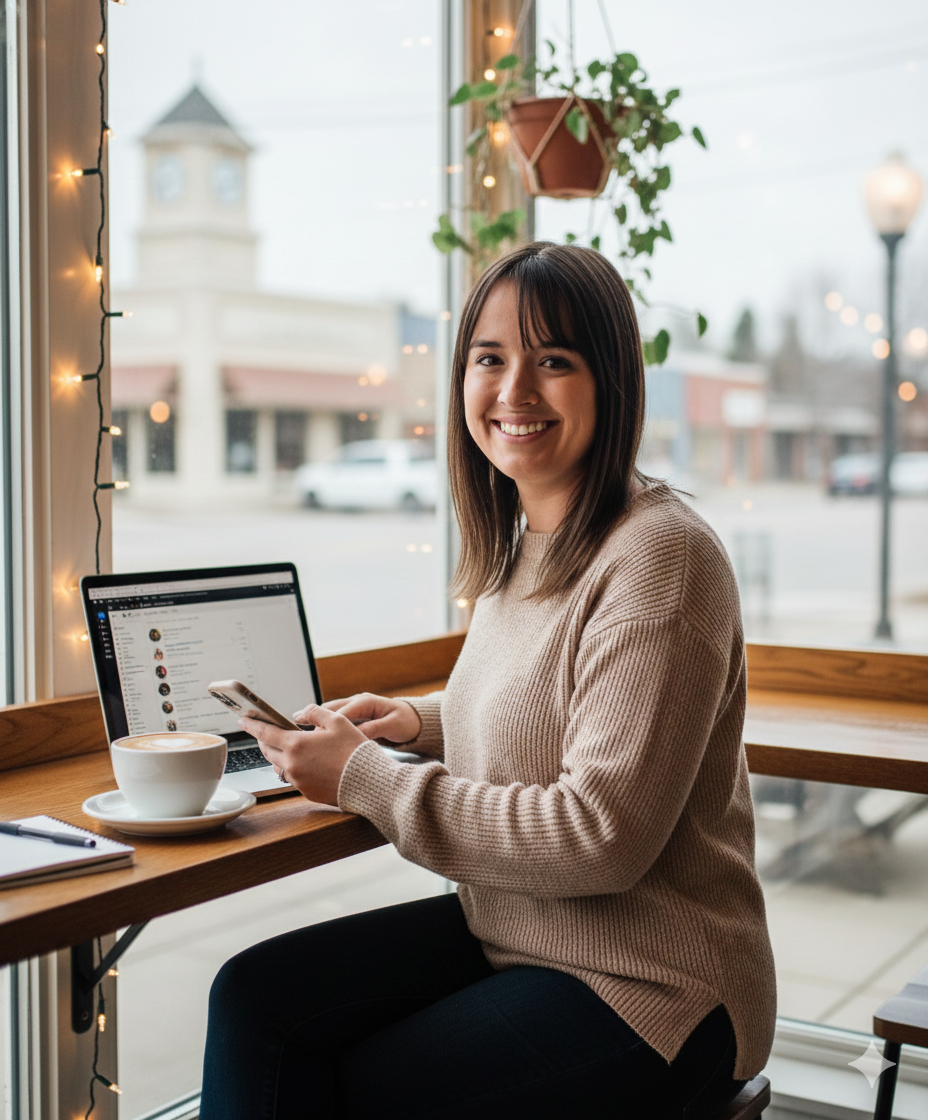 A smiling woman sitting at a wooden table in a cozy cafe, using her smartphone with a laptop and a coffee drink on the table. Decor includes hanging plants and string lights, with a view of a street and clock tower outside the window.