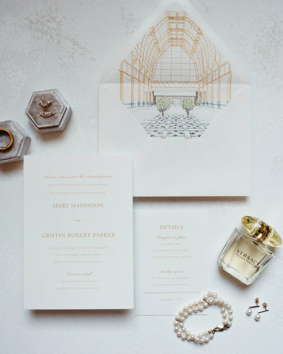 Every detail tells a story.✨ Maddie & Griffin’s invitations captured the essence of their day with a custom sketch of the stunning glass atrium at Founders Hall—where their love story unfolded right in the heart of the city.