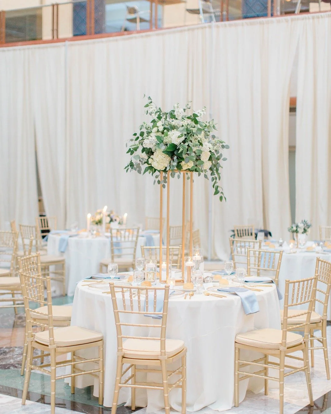 It&rsquo;s all in the details. 🕊️ We are still dreaming over the stunning blue palette Matthew and Emily chose for their celebration. The perfect pop of color against the grand architecture of Founders Hall.

Planning: @katiebrookseventco
Florals: @
