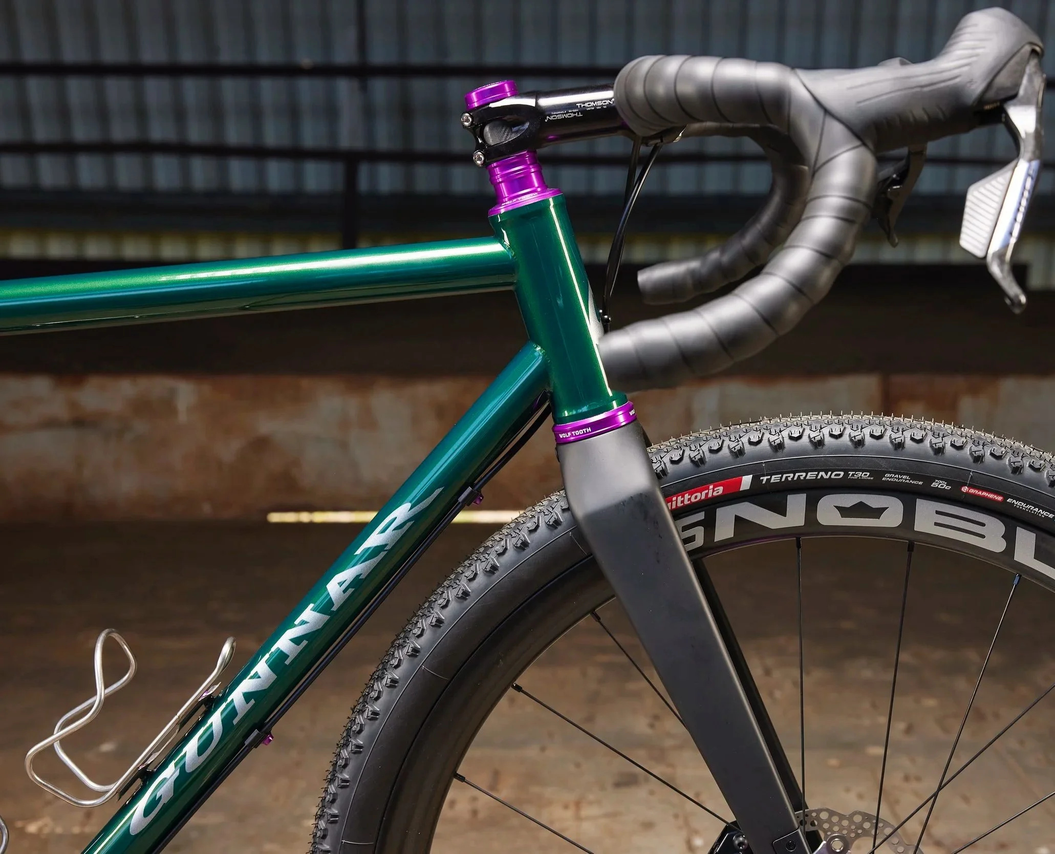 Close-up of a mountain bike's front portion showing the green frame, suspension fork with purple accents, handlebars, and tire with tread pattern, against a blurred background.