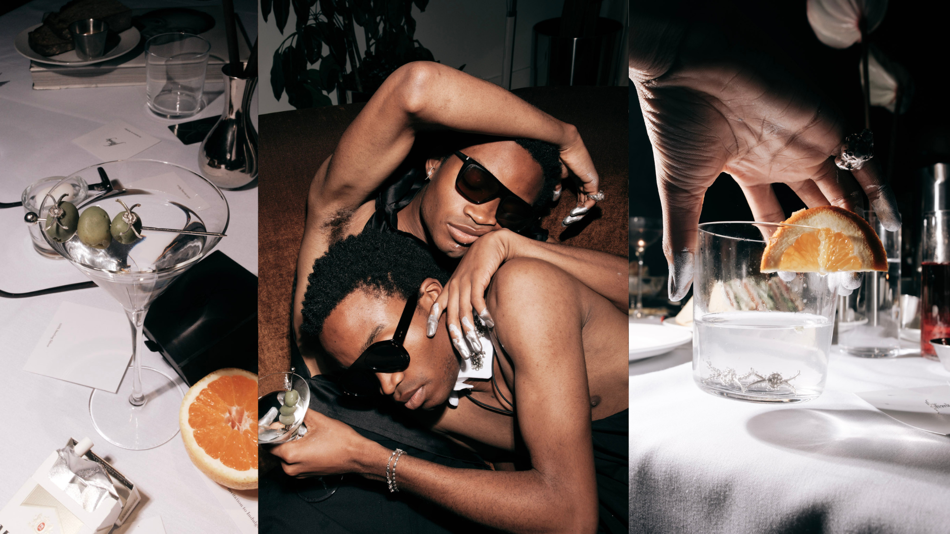 A collage featuring a table setting with grapes, an orange slice, and glassware, two people lying on a couch wearing sunglasses with one resting their head on the other's shoulder, and a hand with painted nails placing an orange slice in a glass of water.