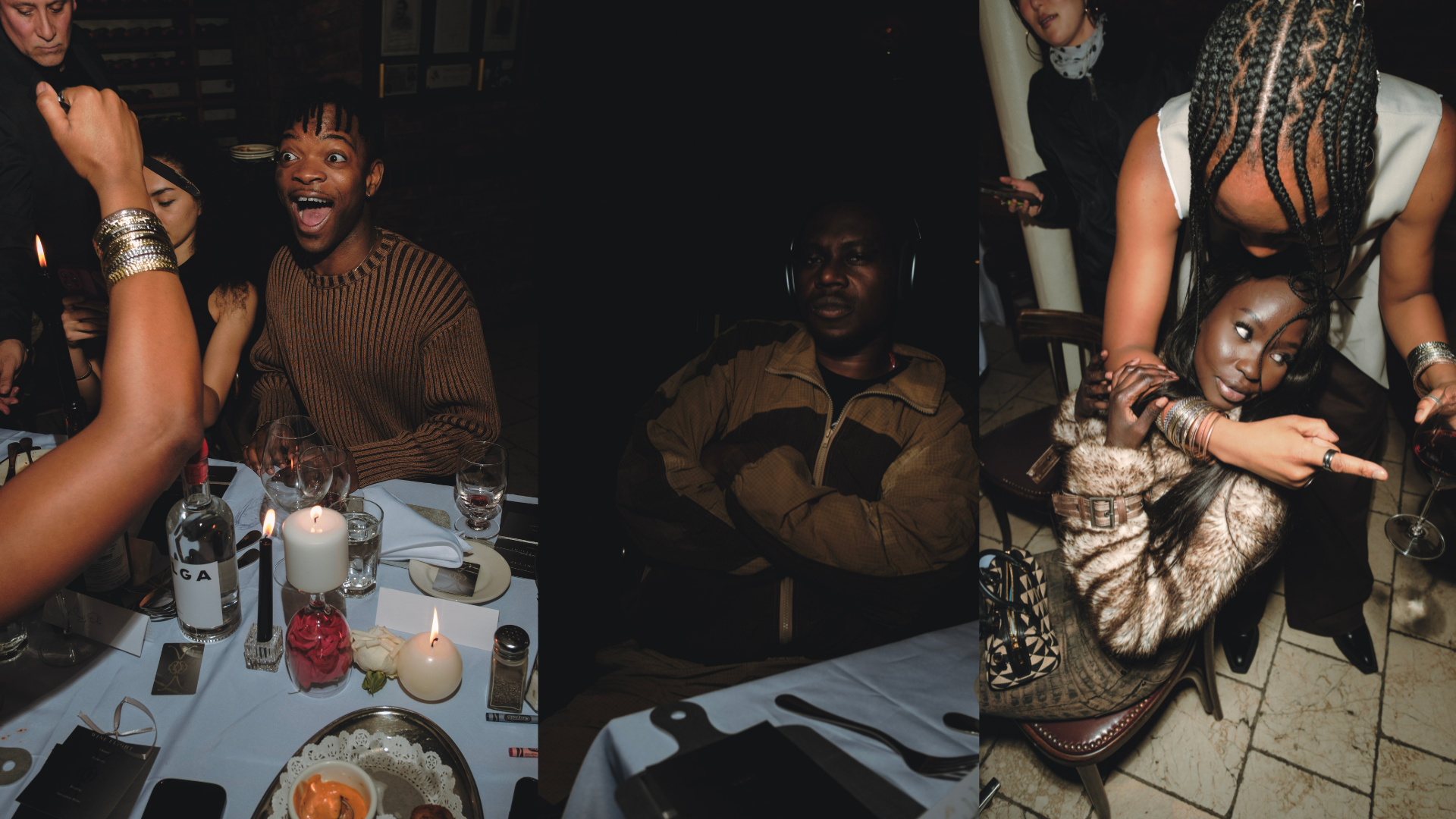 People enjoying dinner and drinks at a dimly lit restaurant or party, with candles and table settings visible.