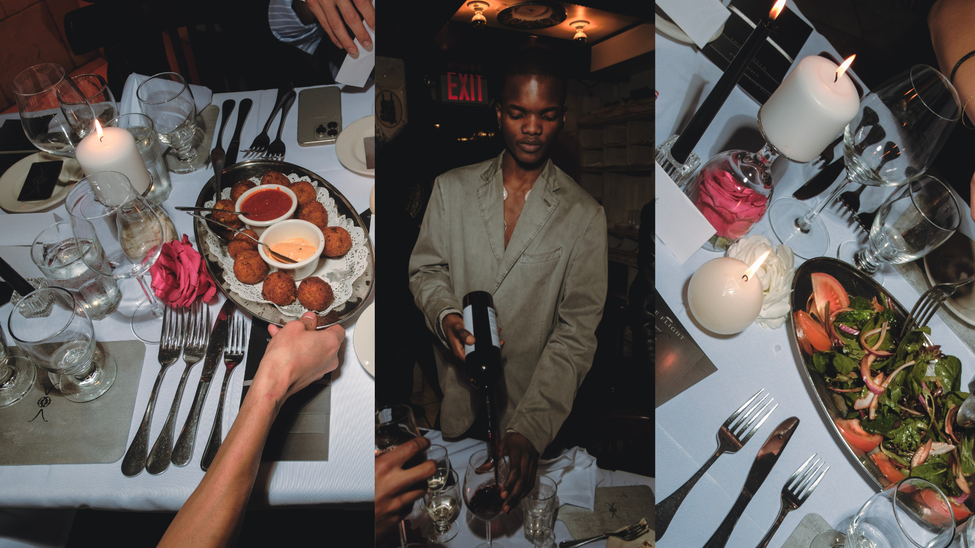 A three-panel collage of a dinner setting. The first panel shows a table with a hand holding a tray of fried appetizers with dipping sauces, surrounded by wine glasses, cutlery, and a pink cloth napkin. The middle panel features a young person with short hair and a beige jacket pouring red wine in a dimly lit room. The third panel displays a table with lit candles, a salad with tomatoes and onions, and various glasses and utensils.