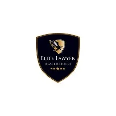 A shield-shaped logo with a gold and black color scheme, featuring a winged gavel, the text "Elite Lawyer" and "Legal Excellence," and five gold stars at the bottom.