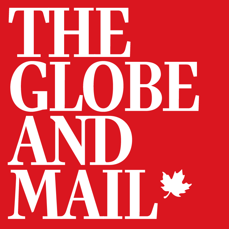 Red background with white text saying 'The Globe and Mail' and a small white maple leaf in the bottom right corner.