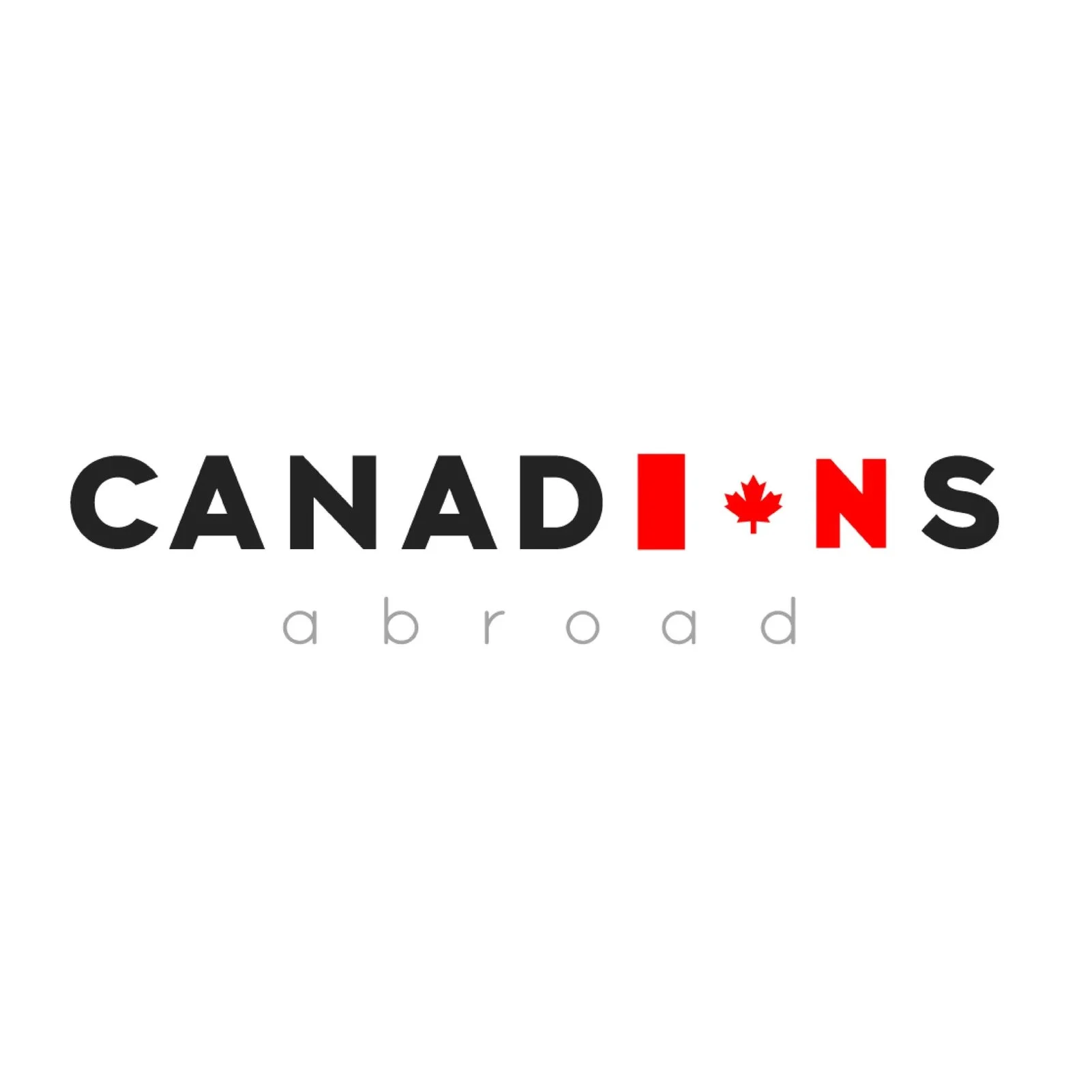 Logo with the word 'CANADIANS' accented with a red maple leaf replacing the letter 'I' and the other letters in black and red, with the word 'abroad' in light grey underneath.