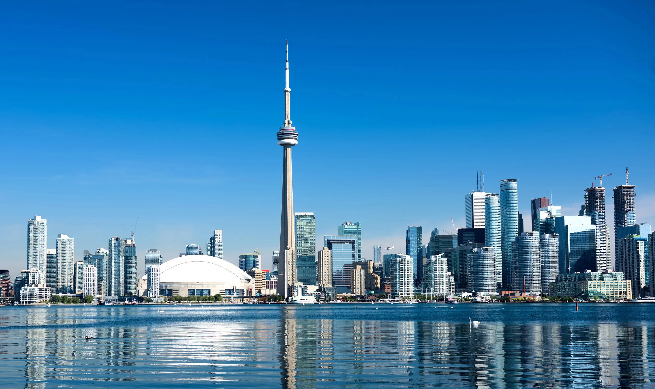 Toronto skyline with CN Tower and high-rise buildings reflected on water.