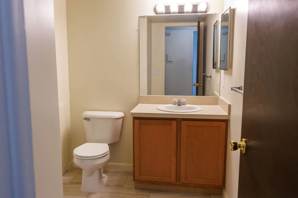 Bathroom with a white toilet, wooden vanity with a sink, large mirror, and wall-mounted lights, with a partially open door showing the hallway.