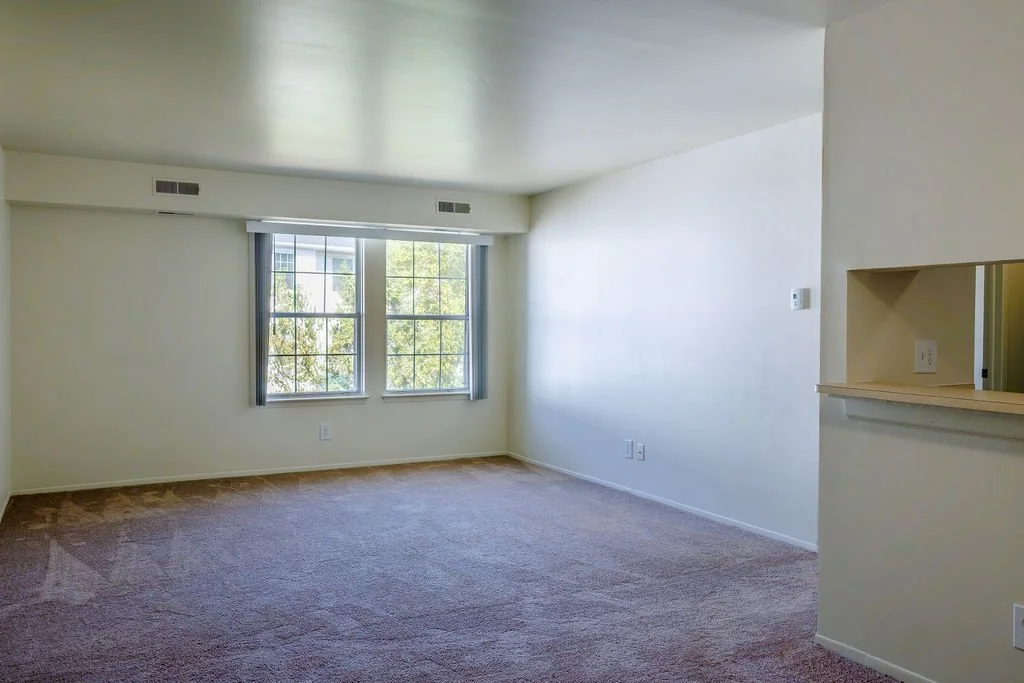 Empty living room with beige carpet, two windows with blinds, white walls, and a small opening to a kitchen or other room.
