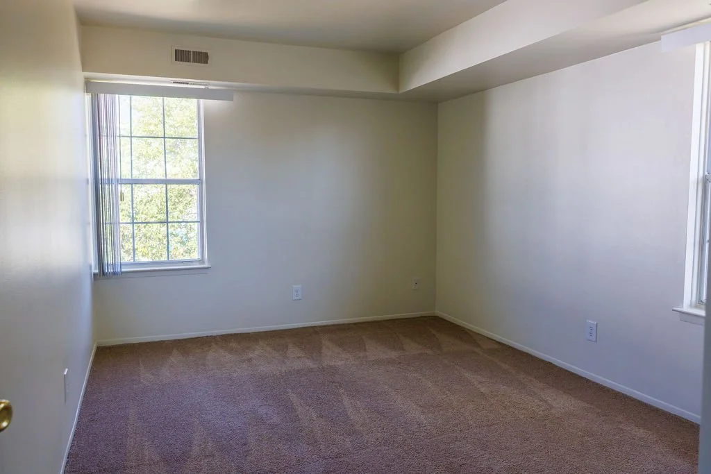 Empty bedroom with a window, beige walls, and light brown carpet.