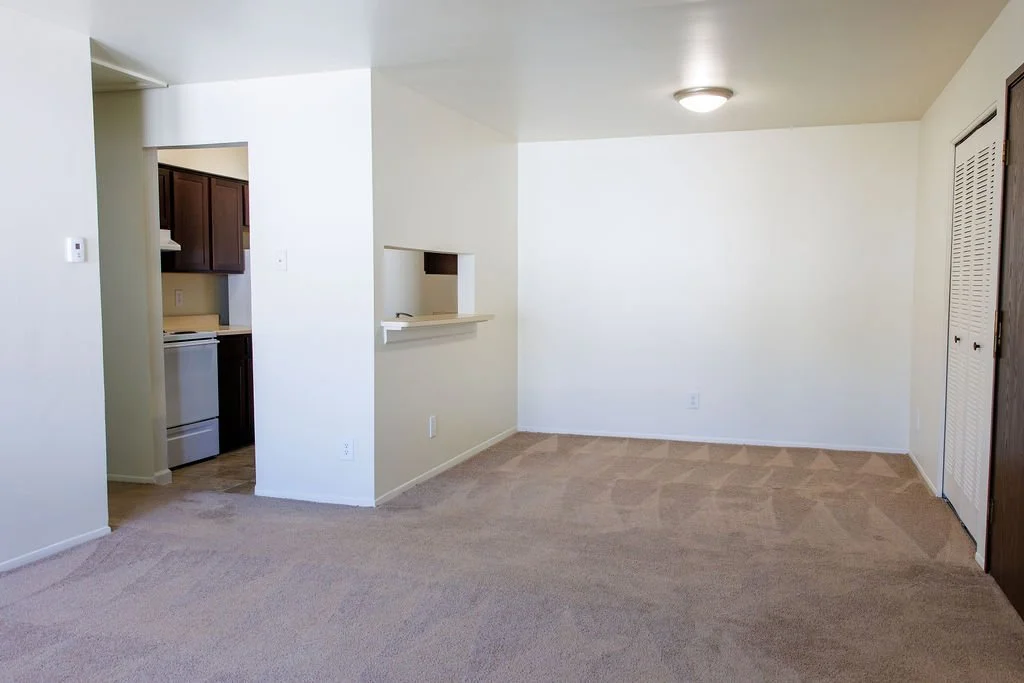 Empty living room with beige carpet, white walls, and a ceiling light. There is a small opening in the wall leading to the kitchen, which has brown cabinets and a white stove. A closet with louvered doors is on the right side.