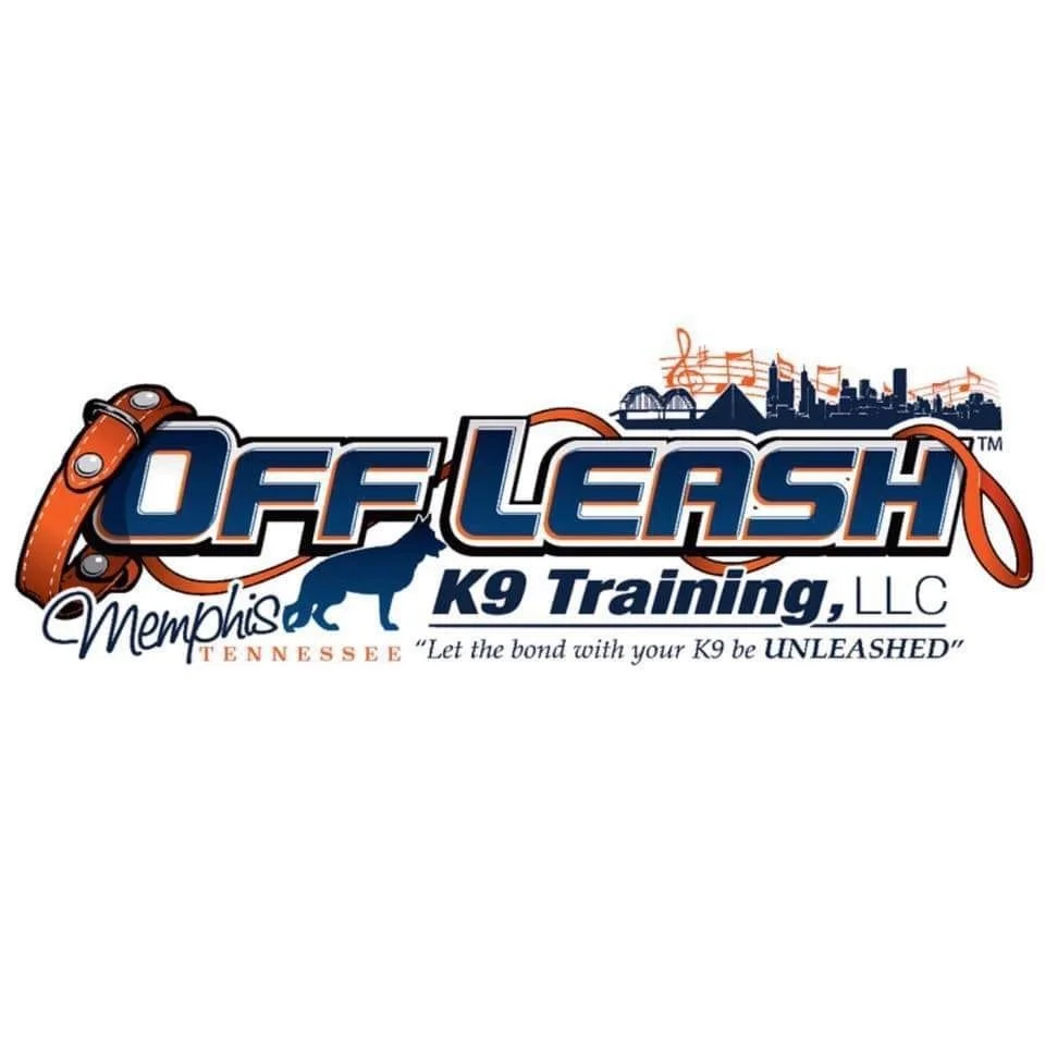 Logo for Off Leash Memphis K9 Training, LLC, featuring a dog collar, cityscape, and musical notes, with the tagline 'Let the bond with your K9 be UNLEASHED.'
