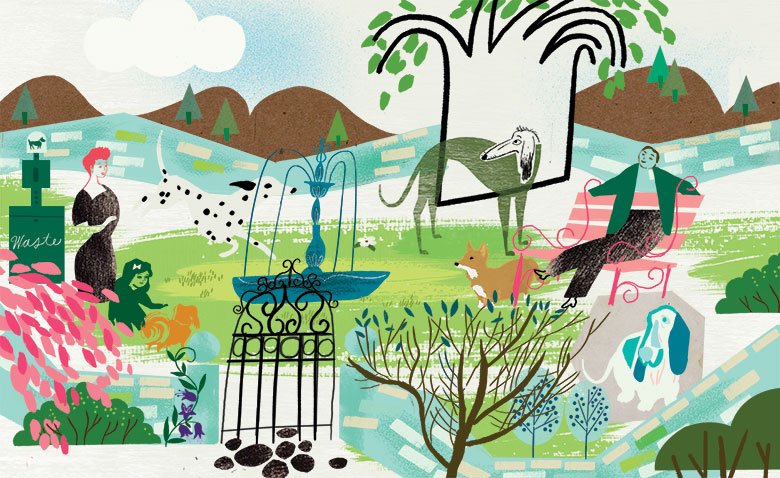An illustration by Sarah Melton Art of a park scene with people, animals, a fountain, and a tree, set against a landscape with hills and a cloudy sky.
