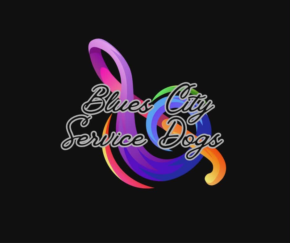 Colorful neon-style logo with a flamingo shape and the text 'Blues City Service Dogs' written across it, set against a black background.
