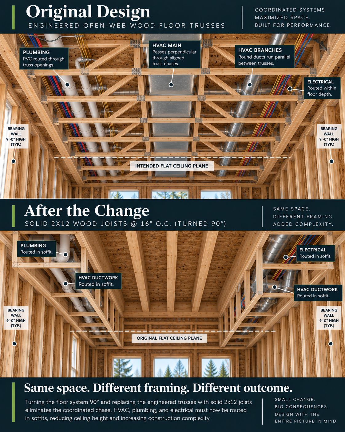 Comparison of engineered open-web floor trusses and solid 2x12 wood joists showing how a framing change affected HVAC, plumbing, electrical routing, ceiling space, and added soffits