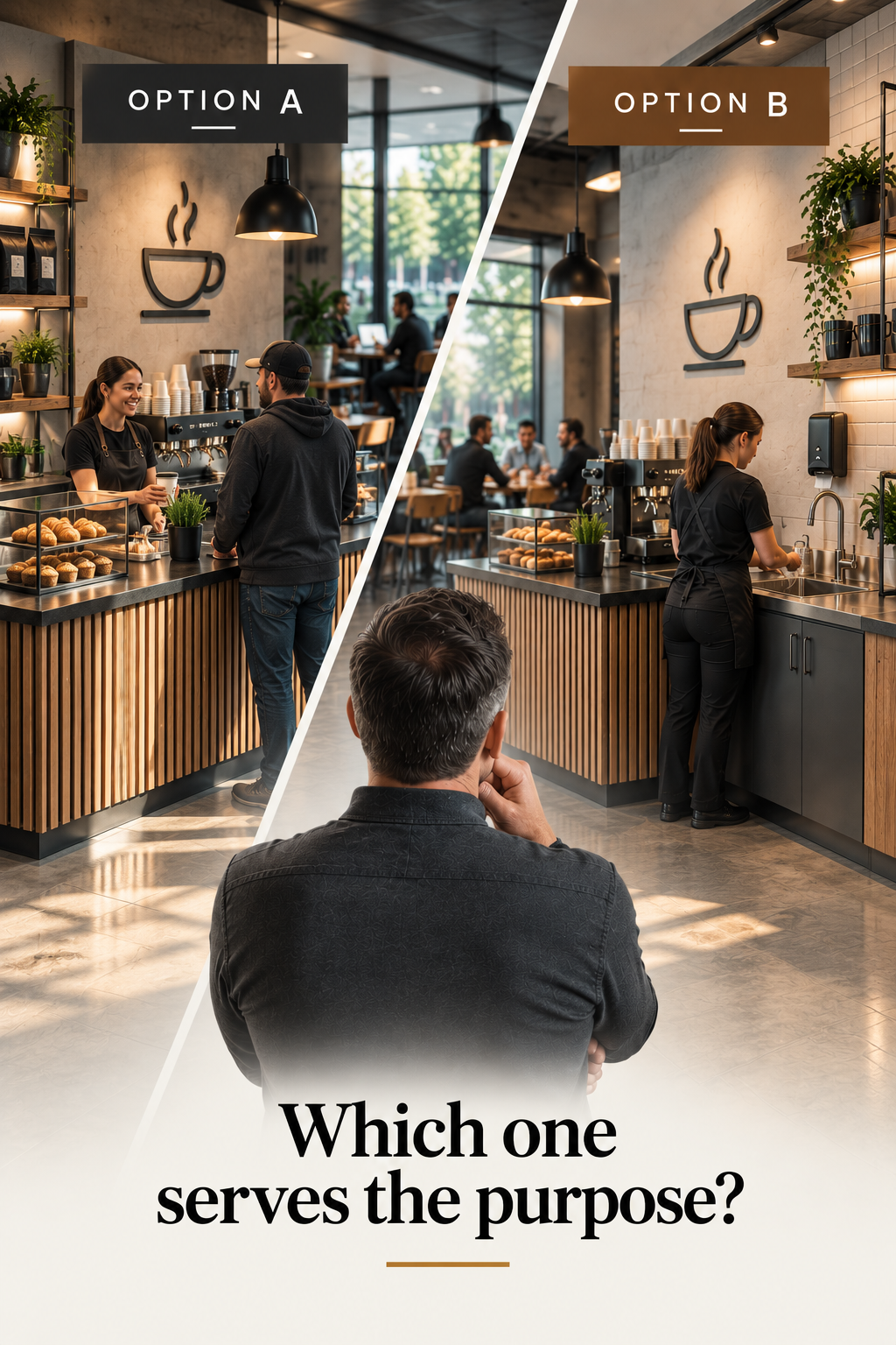 Two different coffee shop service models illustrating how different design and operational decisions can each serve a different purpose.
