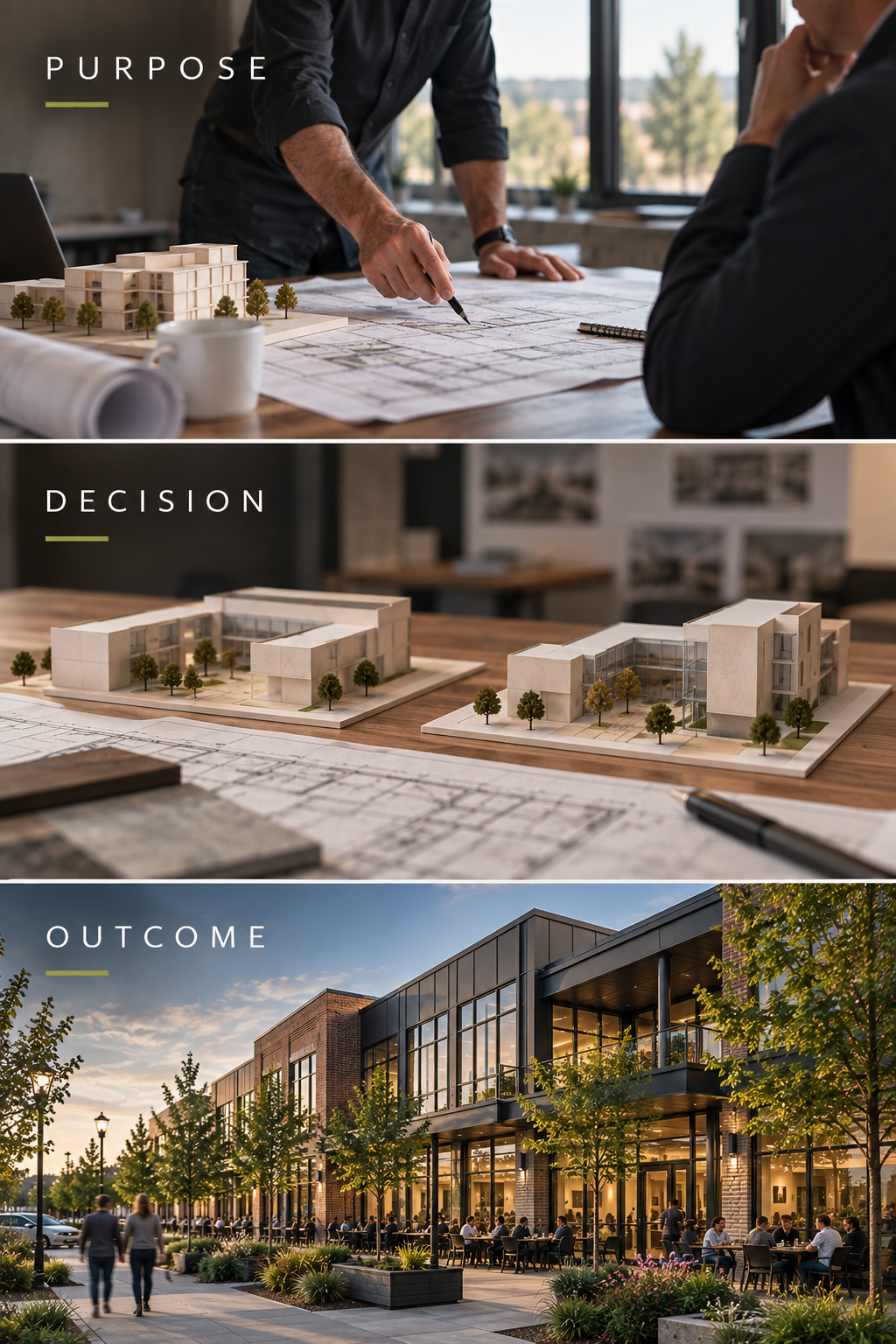 “ESP Architects Purpose, Decision and Outcome framework showing how project purpose guides architectural decisions and the resulting building.”